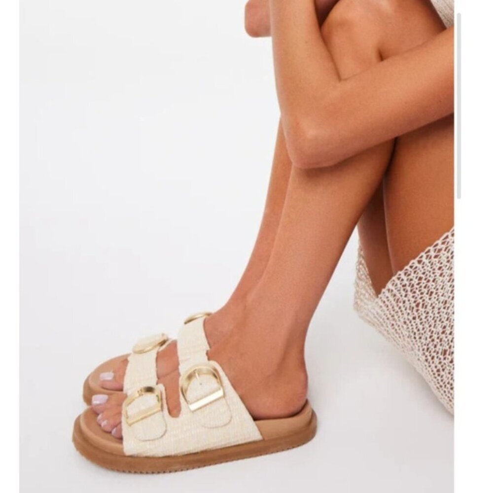 Billini Tayo Raffia Buckle Slide Sandals Natural Size 10 New Without Box